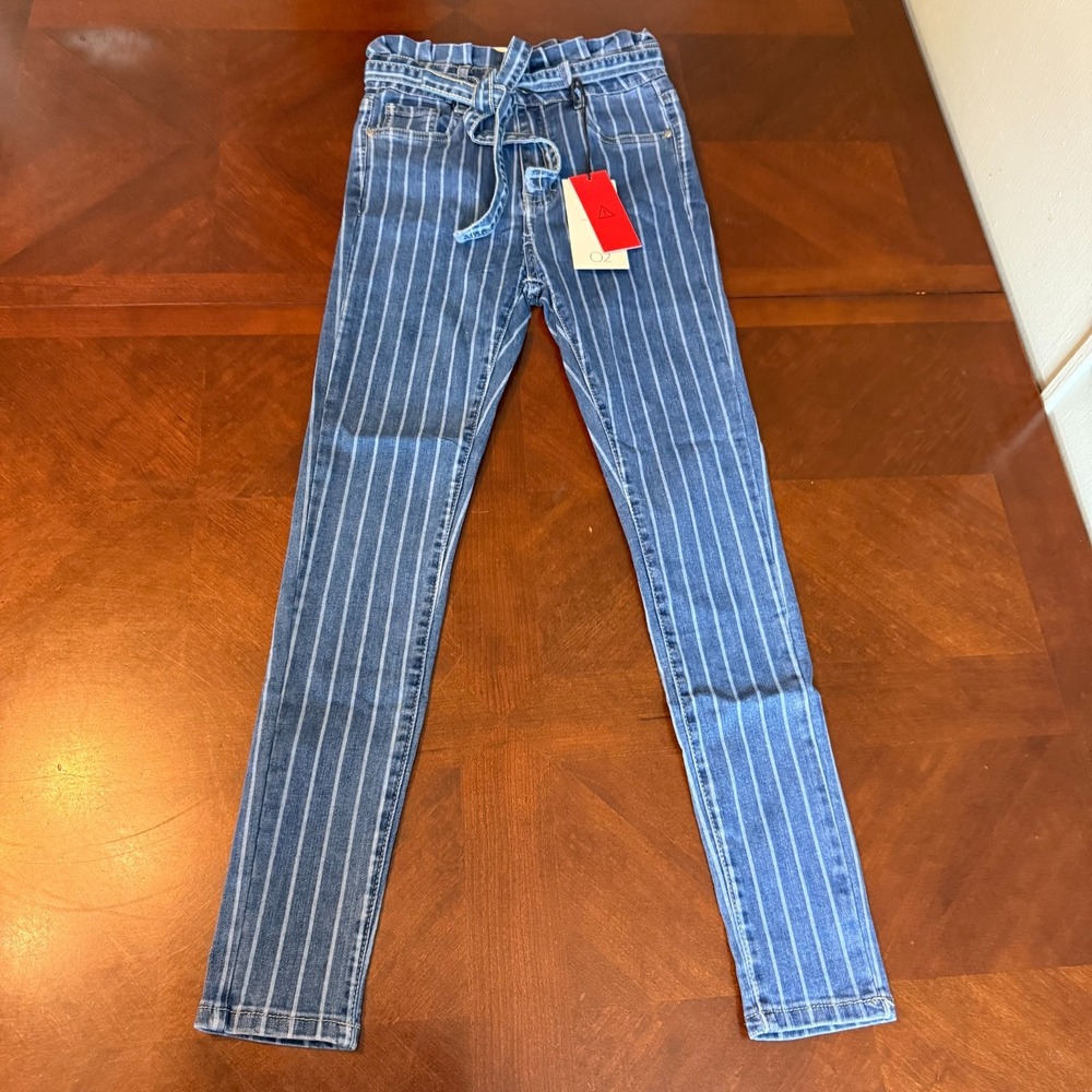Pinstripe Skinny Jeans High Waist Tie Belt Y2K Preppy Denim Q2 Spanish SZ‎ 5
